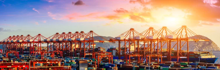 Foto auf Leinwand Industrial container freight port at beautiful sunset in Shanghai,China. © ABCDstock