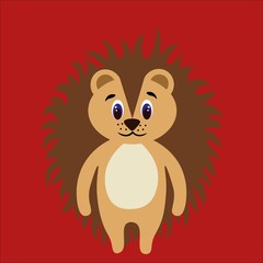 Cute and happy hedgehog isolated on a red background. Flat style. Stock vector illustration for decoration and design, children's books, cards, posters, banners, fabrics, colorings and more.