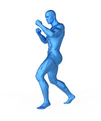 Man doing boxing workout. Generic blue figure, isolated on white. 3D rendering.