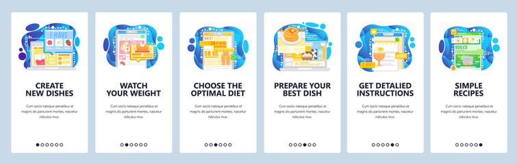 Healthy lifestyle and weight loss diet. Cook healthy food by online recipe. Mobile app onboarding screens. Menu vector banner template for website and mobile development. Web site design illustration