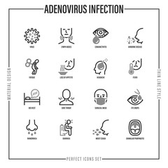 Adenovirus infection thin line icons set. Airborne disease, lymph nodes, fever, headache, runny nose, pharyngitis, moist cough, surgical mask, sore throat. Vector illustration of coronavirus symptoms