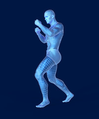 Fototapeta na wymiar Man doing boxing workout. Generic blue figure with wireframe overlay. 3D rendering.