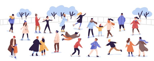 Crowd of active cartoon people ice skating on rink vector flat illustration. Man, woman, children, family and couple outdoors activity isolated on white. Colorful person in seasonal outerwear - obrazy, fototapety, plakaty