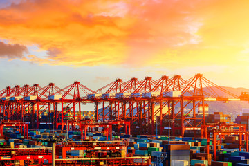 Industrial container freight port at beautiful sunset in Shanghai,China.