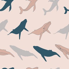 colorful seamless pattern of blue whales in light pink background. Kids cloths, background, pattern, design, fabric.