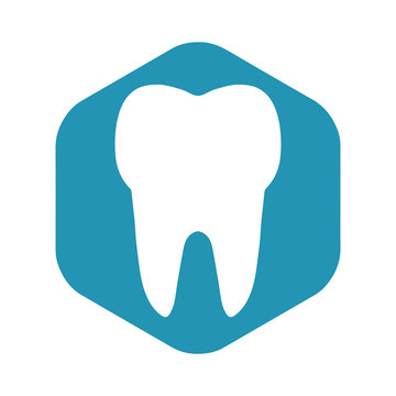 Tooth icon. White tooth on a blue hexagon. Vector illustration in a simple flat style isolated on a white background.