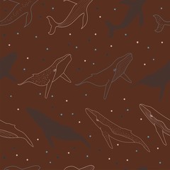 colorful seamless pattern of blue whales and dots in dark red background. Kids cloths, background, pattern, design, fabric.