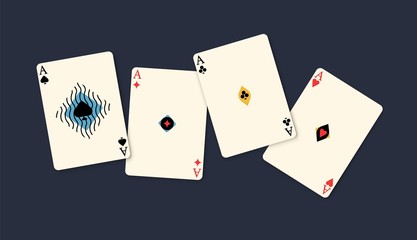 Four aces winning poker hand isolated on black background. Playing card game combination ace of different stripes vector flat illustration. Gambling winner chance four of a kind compound