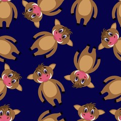 Seamless pattern with cute boar in a flat style on a blue background. Stock vector illustration for decoration and design, packaging, wallpaper, wrapping paper, fabrics, posters, postcards, web pages 