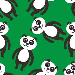 Seamless pattern with cute panda in a flat style on a green background. Stock vector illustration for decoration and design, packaging, wallpaper, wrapping paper, fabrics, posters, postcards, textiles