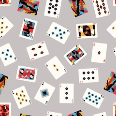 Different cards of various suits seamless pattern. Playing card casino gambling isolated on white background. Colorful poker game winning entertainment graphic design vector flat illustration