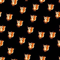 Fototapeta premium Seamless pattern with cute squirrel in a flat style on a black background. Stock vector illustration for decoration and design, packaging, wallpaper, wrapping paper, fabrics, posters, postcards