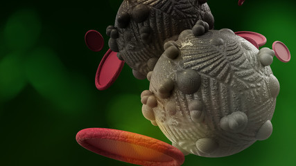 The virus in green dark tone 3d rendering for  medicine  and  healthcare content.