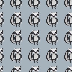 Seamless pattern with cute badger in a flat style on a gray background. Stock vector illustration for decoration and design, packaging, wallpaper, wrapping paper, fabrics, posters, postcards, textile