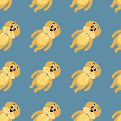 Seamless pattern with cute walrus in flat style on a blue background. Stock vector illustration for decoration and design, packaging, wallpaper, wrapping paper, fabrics, posters, postcards, web pages 