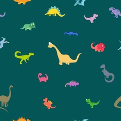 Seamless pattern with cute set of dinosaurs in a flat style on the background. Stock vector illustration for decoration and design, packaging, wallpaper, wrapping paper, fabrics, posters, postcards