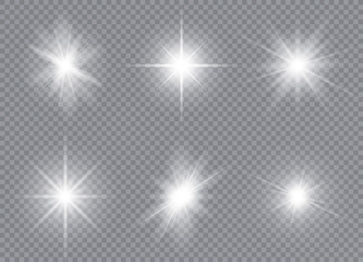 Set of bright stars. Sunlight translucent special design light effect. Vector illustration.