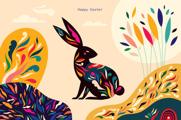 Colorful illustration with hare. Happy easter greeting card with decorative easter bunny