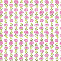 Pink peonies and green leaves. Seamless floral pattern. Vector illustration on white background.