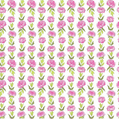 Pink peonies and green leaves. Seamless floral pattern. Vector illustration on white background.