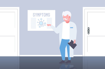 doctor pointing at medical board with coronavirus symptoms epidemic MERS-CoV virus wuhan 2019-nCoV hospital office interior horizontal full length vector illustration