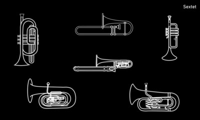 Outline various tube musical instruments as cornet, baritone, euphonium, trumpet and trombone. The white contour of  musical instruments on a black background