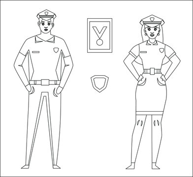  illustration in the style of a flat design with the image of a man and a woman police officers.