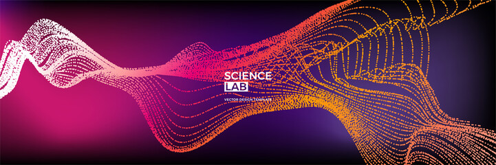 Panoramic science or technology background with dynamic particles. Trendy colourful design template. Applicable for banners, flyers, covers, presentations, identity, landing pages, websites.
