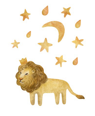 Watercolor set with cute lion king and stars.  Wild cat and moon isolated on white. Children cartoon set perfect for cards, prints, posters, design, fabric.