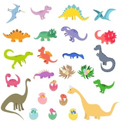Fototapeta na wymiar Set of cute dinosaurs in a flat style isolated on white background. Stock vector illustration for decoration and design, children's books and coloring, stickers, fabrics, packaging, postcards and more