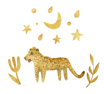 Watercolor set with cute  leopard and stars.  Wild cat and moon isolated on white. Children cartoon set perfect for cards, prints, posters, design, fabric.