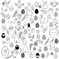 Big easter contour set isolated on a white background. Stock vector illustration for decoration and design, children's books and coloring, stickers, fabrics, packaging, cards, Happy Easter and more.