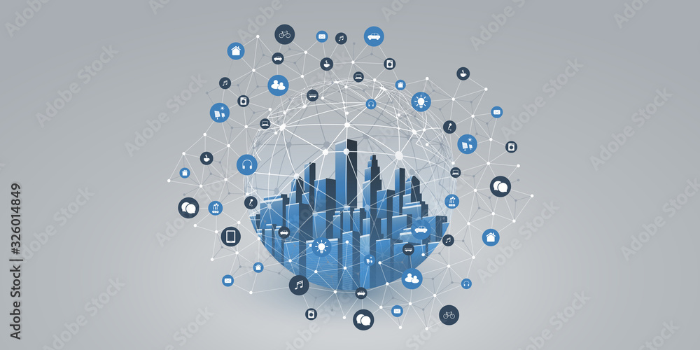 Poster smart city, cloud computing design concept with wireframe sphere and icons - digital network connect