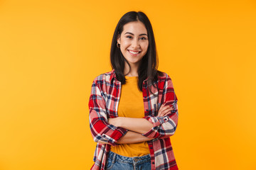 Image of happy caucasian woman smiling and looking at camera