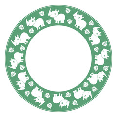 Vector round green frame with cute cartoon white rhinoceros silhouettes and leaves. Place for your text. Perfect for greetings, invitations, announcement, childlike design
