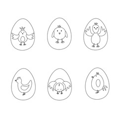 Set of easter contour eggs with chickens on them isolated on a white background. Stock vector illustration for decoration and design, children's books and coloring, stickers, fabrics, packaging