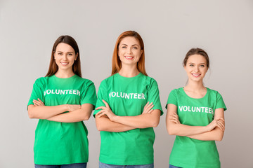 Team of volunteers on light background