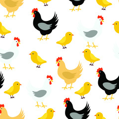 Chicken, birds, food , fashion vector seamless pattern on white background. Concept for wallpaper, wrapping paper, cards 