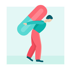 A young man carries a large pill on his back.Concept of long-term and permanent medical treatment, Oncology, diabetes.The person is sick and weak.Flat vector illustration.