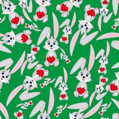 Fototapeta premium Seamless pattern with rabbits and with red hearts in the paws on a green background. Stock vector illustration for decoration and design, wrapping paper, wallpaper, fabrics, for Valentines Day