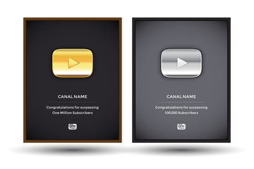 Golden and silver play youtube award buttons set in frames. Gold button video player. Silver button video player. Isolated vector illustration.