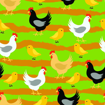 Chicken, rooster , birds , animal vector seamless pattern on green background . Concept for wallpaper, wrapping paper, cards 