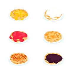 Pancakes vector collection. Breakfast vector set. Cook pancakes with different filling. Russian traditional food.