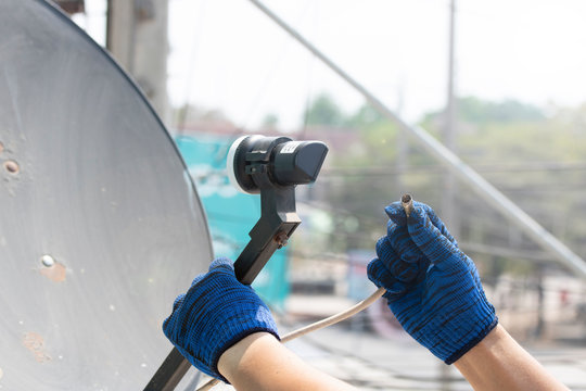 electrician repair satellite aerial dish install tool cable connect reciever television service