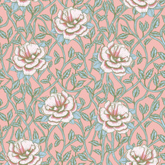 Seamless floral pattern with rose blossom in art nouveau style, modern, tatoo, vintage, old, retro style. Colored illustration. In blue and pink colors