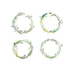 Wreath set made of greenery silhouettes. Drawings of twigs, flowers, herbs, leaves. Round border great to place text, quote or logo. Green foliage. Botanical illustration great for rustic