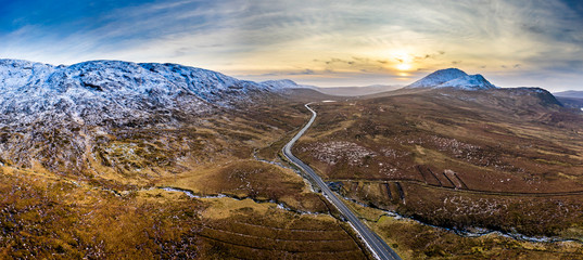 Aerial of the R251 Highway close to Mount Errigal, the highest mountain in Donegal - Ireland