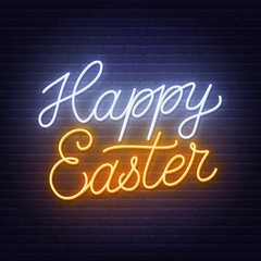 Fototapeta na wymiar Happy Easter neon lettering. Glowing greeting card on a dark background. Vector illustration.
