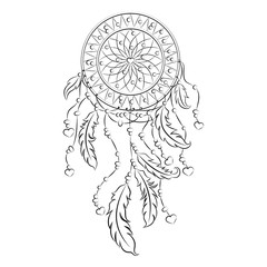 Beautiful dreamcatcher with feathers and hearts. Drawing a black line. Isolated object on a white background. Ethnic amulet. Boho style. Native american symbol. Stock vector illustration. Tattoo.