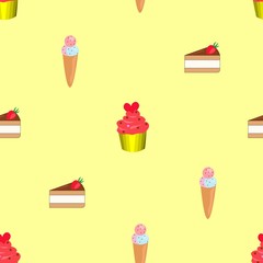 Seamless pattern with cake, ice cream and a cupcake on a pastel background. Stock vector illustration for decoration and design, wrapping paper, wallpaper, posters, postcards, fabrics.